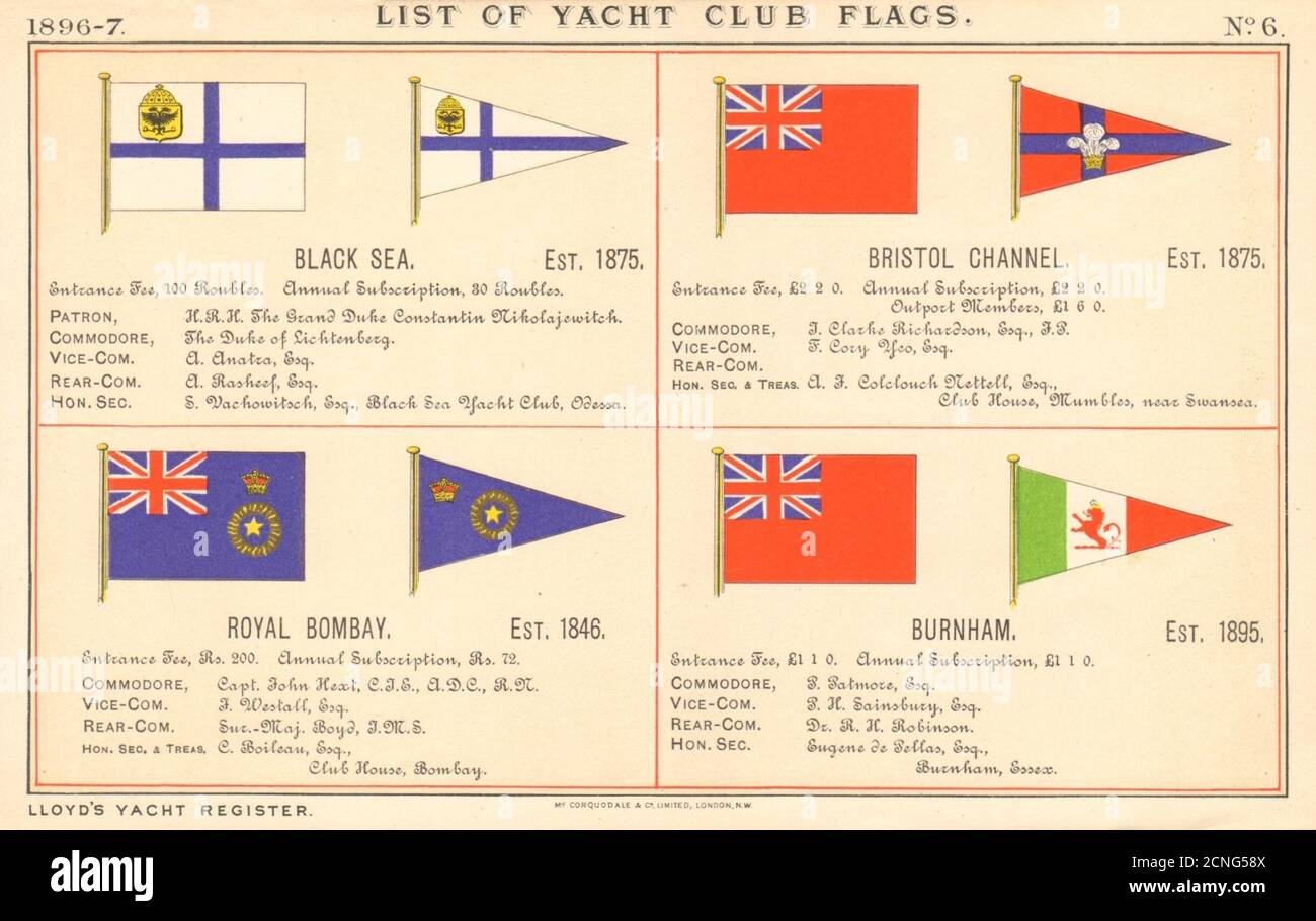 YACHT & SAILING CLUB FLAGS Mer Noire Bristol Channel Royal Bombay Burnham 1896 Banque D'Images