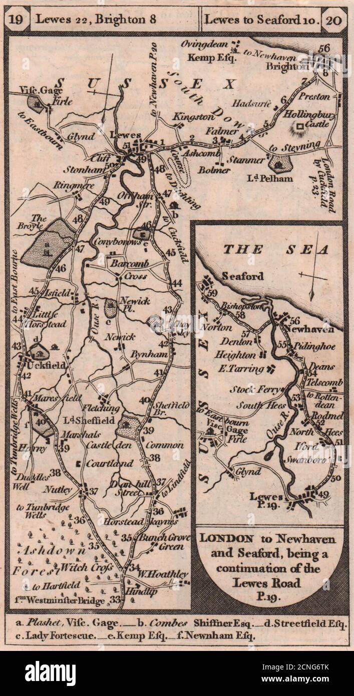 Uckfield-Lewes-Brighton-Newhaven-Seaford carte routière PATERSON 1803 Old Banque D'Images