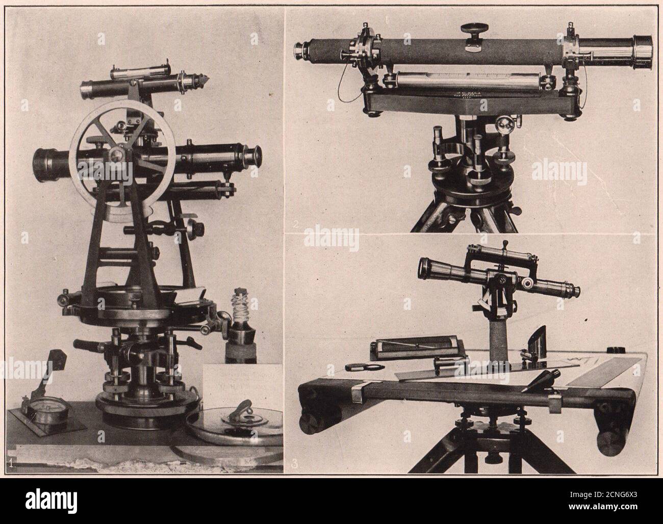Instruments d'arpentage : 1. Transit 2. Niveau. 3. Table plane. Ingénierie 1904 Banque D'Images