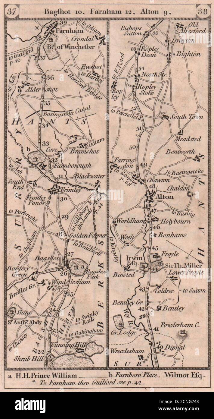 Carte routière de Bagshot-Aldershot-Farnham-Alton-Old Alresford PATERSON 1803 Banque D'Images