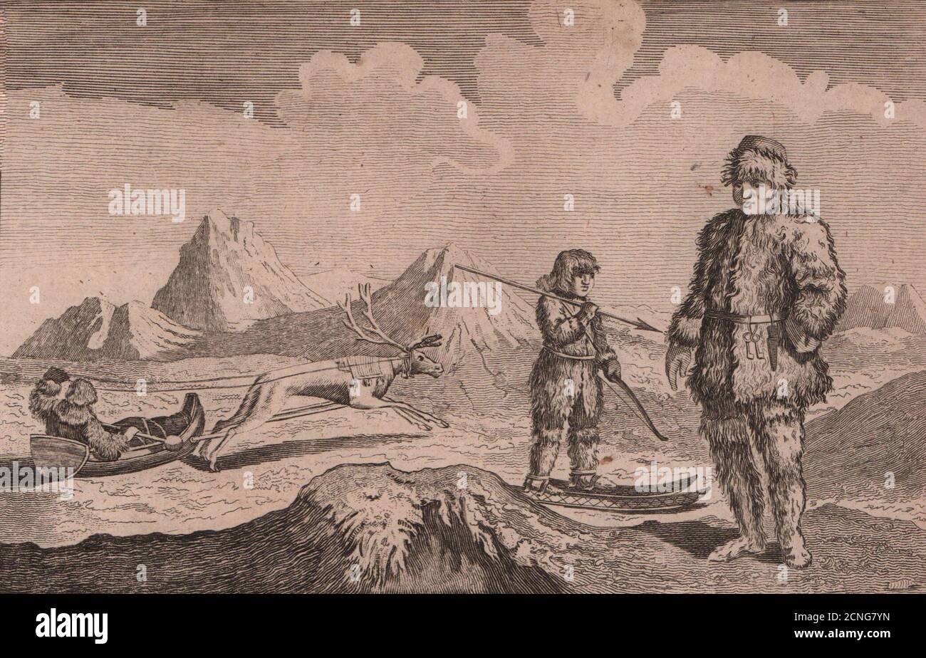 Robe des Laplanders avec leur méthode de voyage. PAYNE 1798 Old Print Banque D'Images