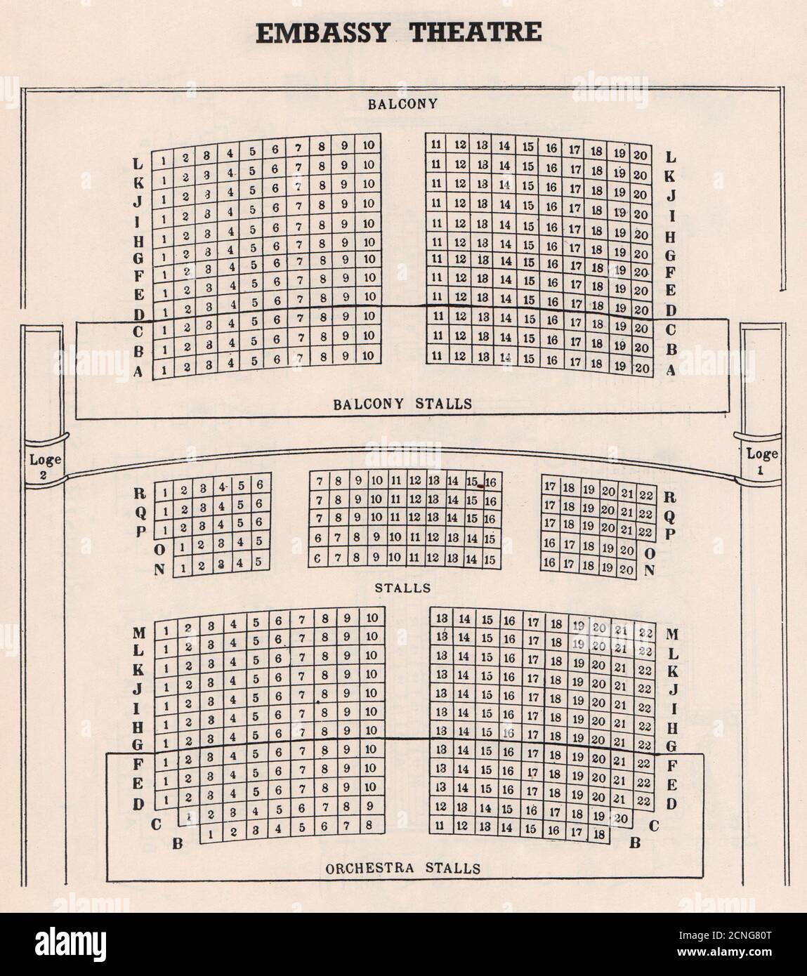 PLAN de sièges d'époque EMBASSY THEATRE. Londres. Swiss Cottage 1937 vieux imprimé Banque D'Images