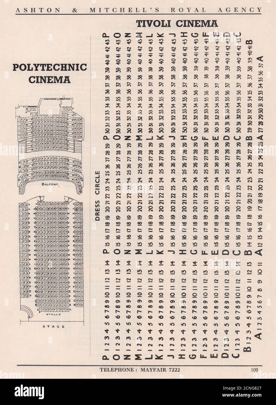 POLYTECHNIC REGENT STREET & TIVOLI CINEMA, Strand plans de sièges vintage 1937 Banque D'Images