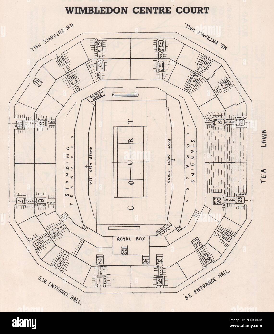 PLAN de siège d'époque DE WIMBLEDON CENTER COURT. Stade de tennis 1937 vieux imprimé Banque D'Images