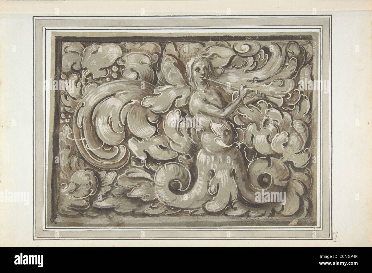 Nymphe jouant une corne (recto); Bracket avec une tête d'homme (verso), XVIe siècle. Banque D'Images