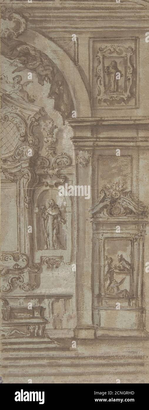 Moitié droite d'une élévation de mur avec un autel d'église, XVIIIe siècle. Banque D'Images