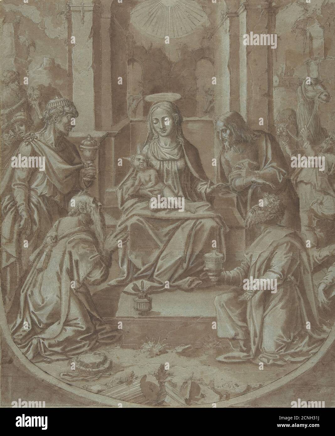 L'adoration des Mages (dessin-modèle pour broderie), 1587-89. Attribué à Diego Lopez de Escuriaz. Banque D'Images