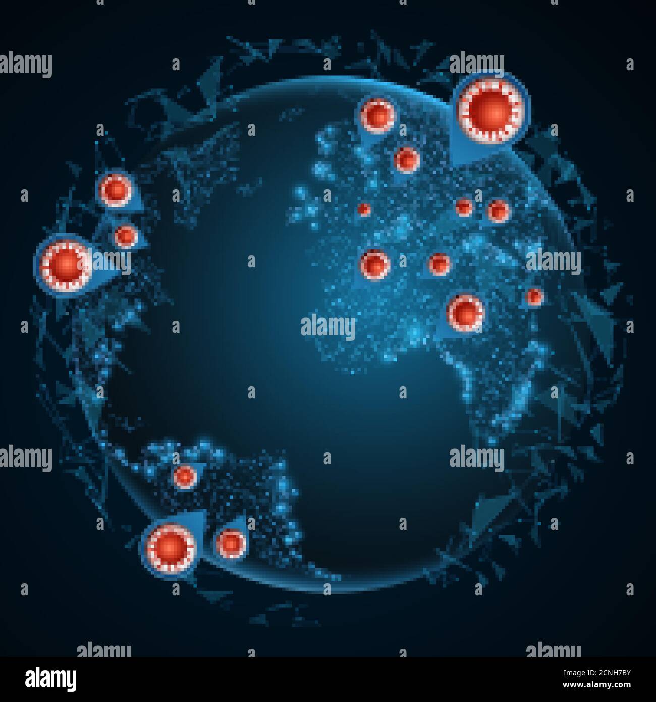 Globe terrestre de style futuriste avec bactéries coronavirus. Pandémie chinoise. Infection cellulaire dangereuse. Points infectés. Résumé lumineux infecté Illustration de Vecteur