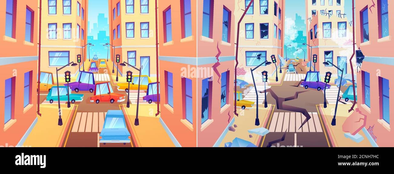 Rue de la ville avant et après le tremblement de terre. Route endommagée et bâtiments détruits. Ville après une catastrophe naturelle Illustration de Vecteur