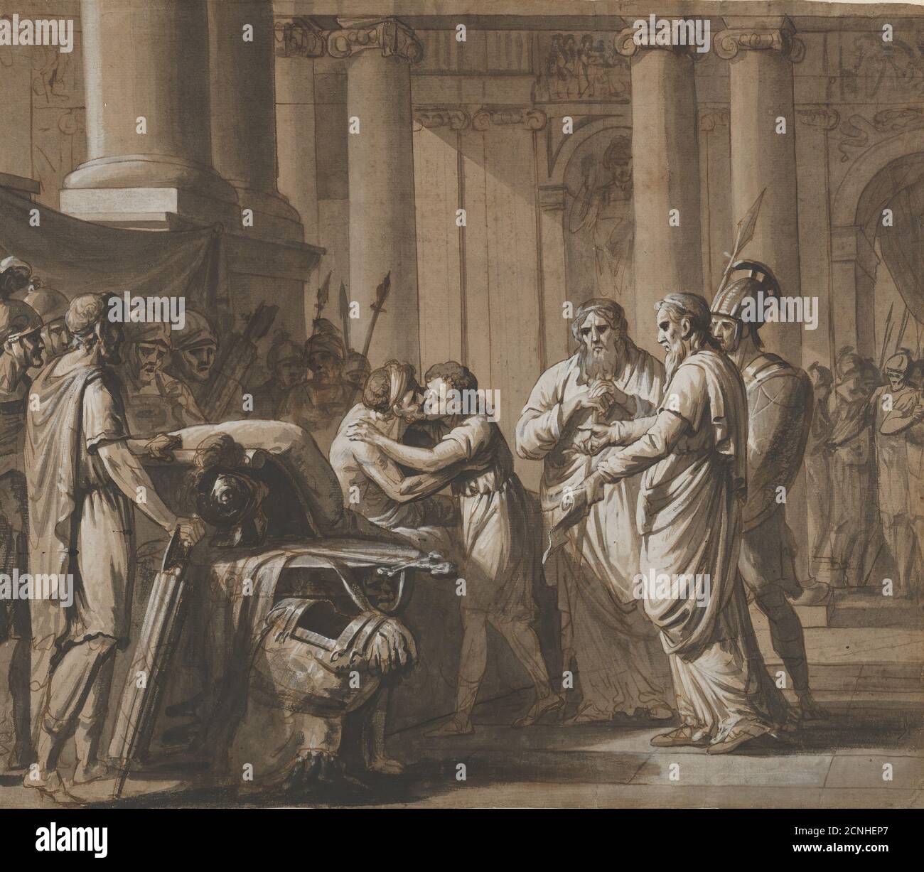 Scène de l'histoire romaine, représentant une jeunesse recevant l'armure d'un homme mourant (Scipio Africanus et son fils?), fin du XVIIIe-milieu du XIXe siècle. Banque D'Images