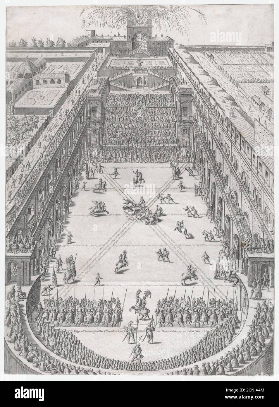 Spéculum Romanae Magnificatiae : mariage d'Annibale Altemps et d'Ortensia Borromeo, Rome, 5 mars 1565, 1565. [Dissigno del Torneameto fatto il lune di Carnouale in Roma nel Theatro Vaticano, per Ant. Ladreri formis 1565 - (tournoi de joutes au Vatican)]. Banque D'Images