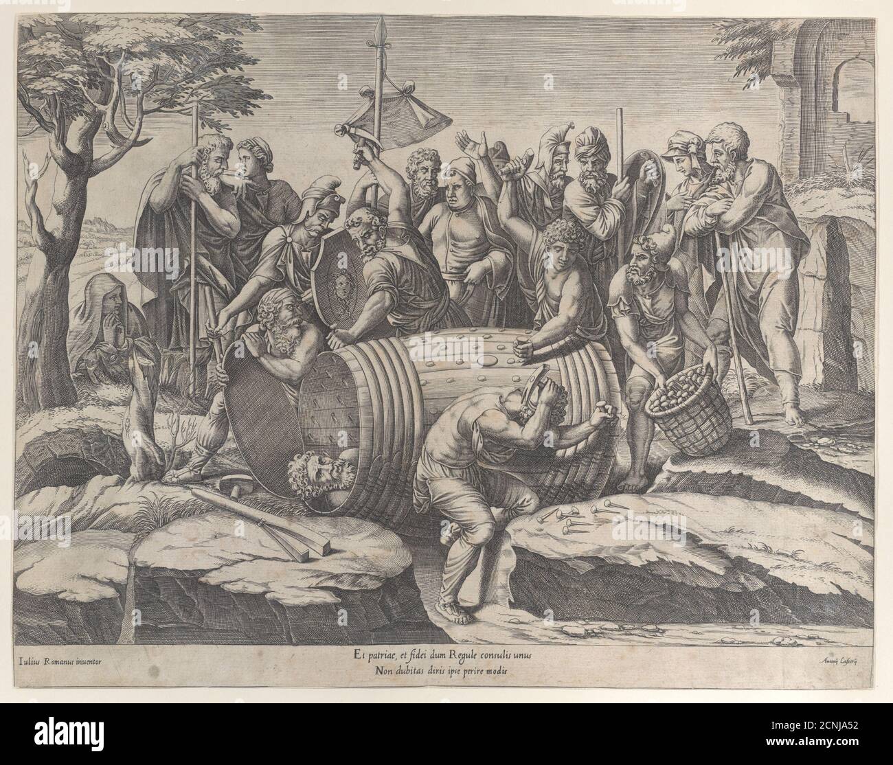 Marcus Atilius Regulus dans un canon tandis que deux hommes martètent dans les ongles, différentes figures tout au long, 1555-77. Banque D'Images