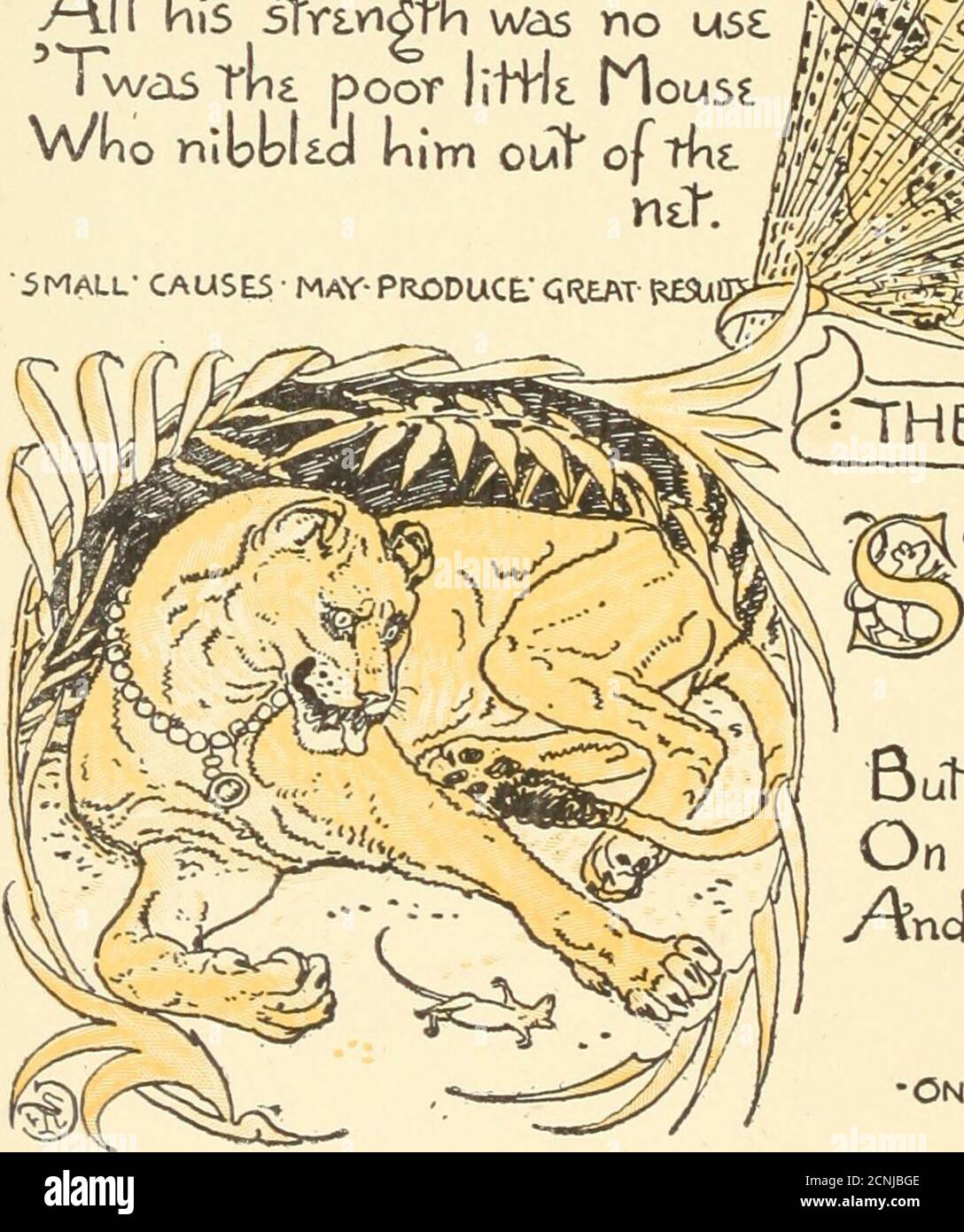 . L'Aesop du bébé : être les fables condensés en rime avec des morals portables, pointées par Walter Crane. Gravé et imprimé en couleurs par Edmund Evans . V^TH £• MOUSE.-8p THE-LION; ^% Poor tlnin|tk Moust x|^j was, et vst, ^■^Whinlk Lion gof*All i Cdught in 21 hlIt, /-ill son sfrLngPh n'était pas useasrk Poor Little NousiWloo*All I Cdught en   hlIt, /-HlIt, Kim-Tung, mais IL POUVAIT PRODUIRE un PETIT chapeau de la PETITE taille de Kim. Banque D'Images