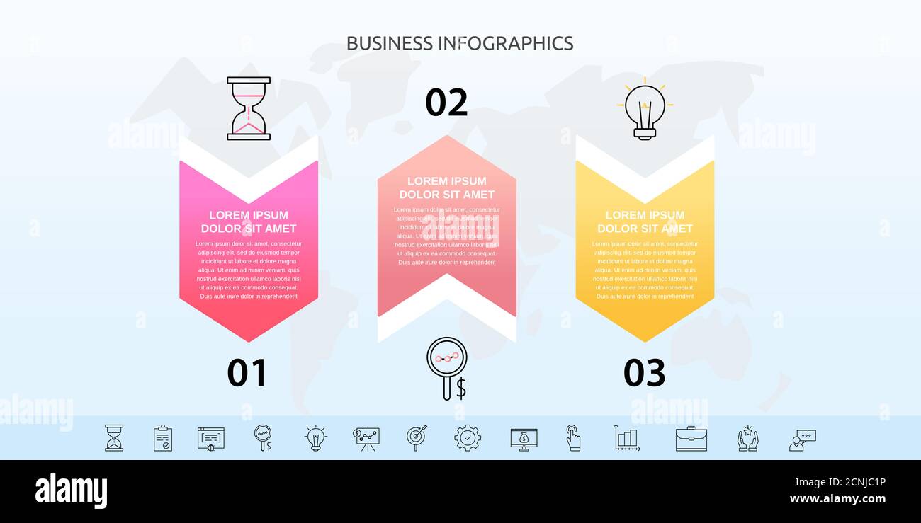 Infographies avec 3 éléments et flèches. Concept vectoriel de trois options commerciales. Conception moderne pour organigramme, chronologie, Web, graphique Illustration de Vecteur