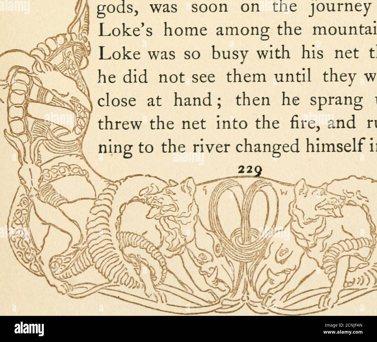 . Histoires Norse retrod des Eddas / par Hamilton Wright Mabie ; avec des illistrations en couleur et des décorations par George Wright . ^— r-* ^^ •** Comment Loke a été puni lui-même comme il l'avait fait avant qu'il ne se soit arrêté d'Asgard. Il avait été un pêcheur habile, et maintenant, ashe s'assit seul dans sa maison avant le feu, il prit le lin et le fil et commença/ à coudre les mailles du premier filet qui a été fait depuis le début du monde.ses yeux, brûlé à la pensée de theniw sport qu'il allait avoir, et sa main de ruse wovethread après le fil dans la grogningweb. Odin, en regardant vers le bas du trône hisfty, s Banque D'Images