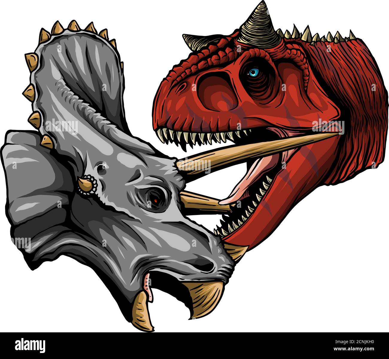 Le traçage vectoriel de dinosaures Tyrannosaurus combat les tricératops dans l'aquarelle style Illustration de Vecteur