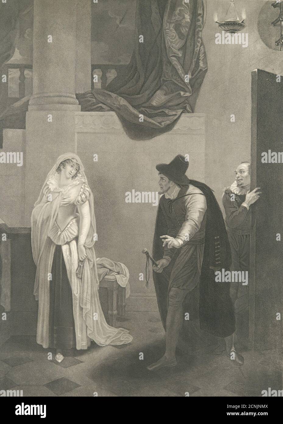 Shylock's House-Shylock, Jessica et Launcelot (Shakespeare, Merchant de Venise, Act 2, scène 5), première publication en 1795; réédition en 1852. Banque D'Images