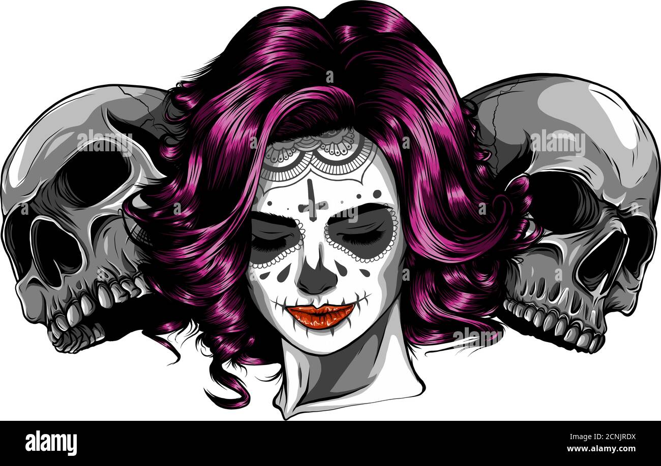 Fille morte avec deux crânes de sucre. Vecteur Illustration de Vecteur