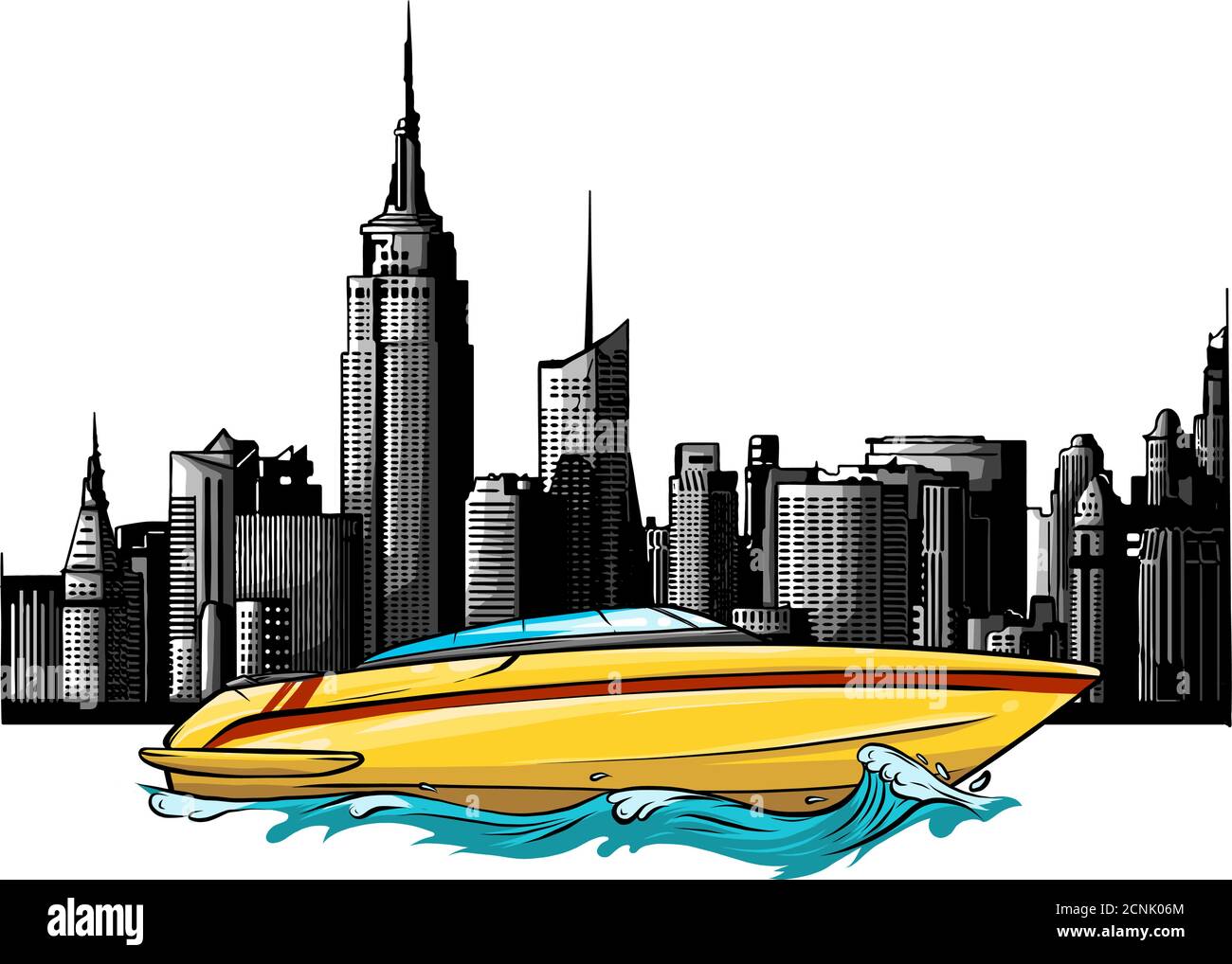Illustration vectorielle d'un bateau privé de luxe sur fond de gratte-ciel Illustration de Vecteur