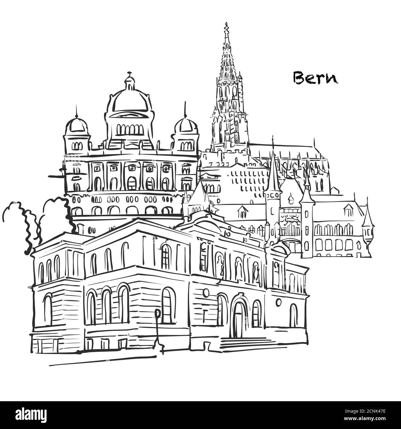 Bâtiments célèbres de Berne, Suisse composition. Illustration vectorielle noire et blanche dessinée à la main. Objets groupés et mobiles. Illustration de Vecteur