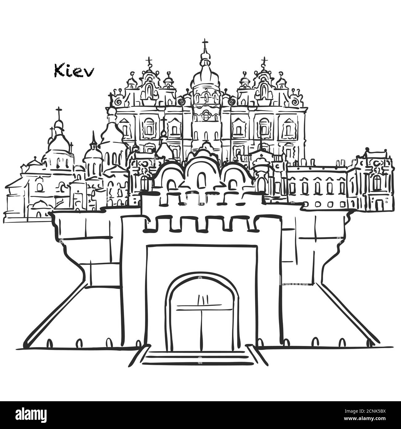 Célèbres bâtiments de Kiev, Ukraine composition. Illustration vectorielle noire et blanche dessinée à la main. Objets groupés et mobiles. Illustration de Vecteur