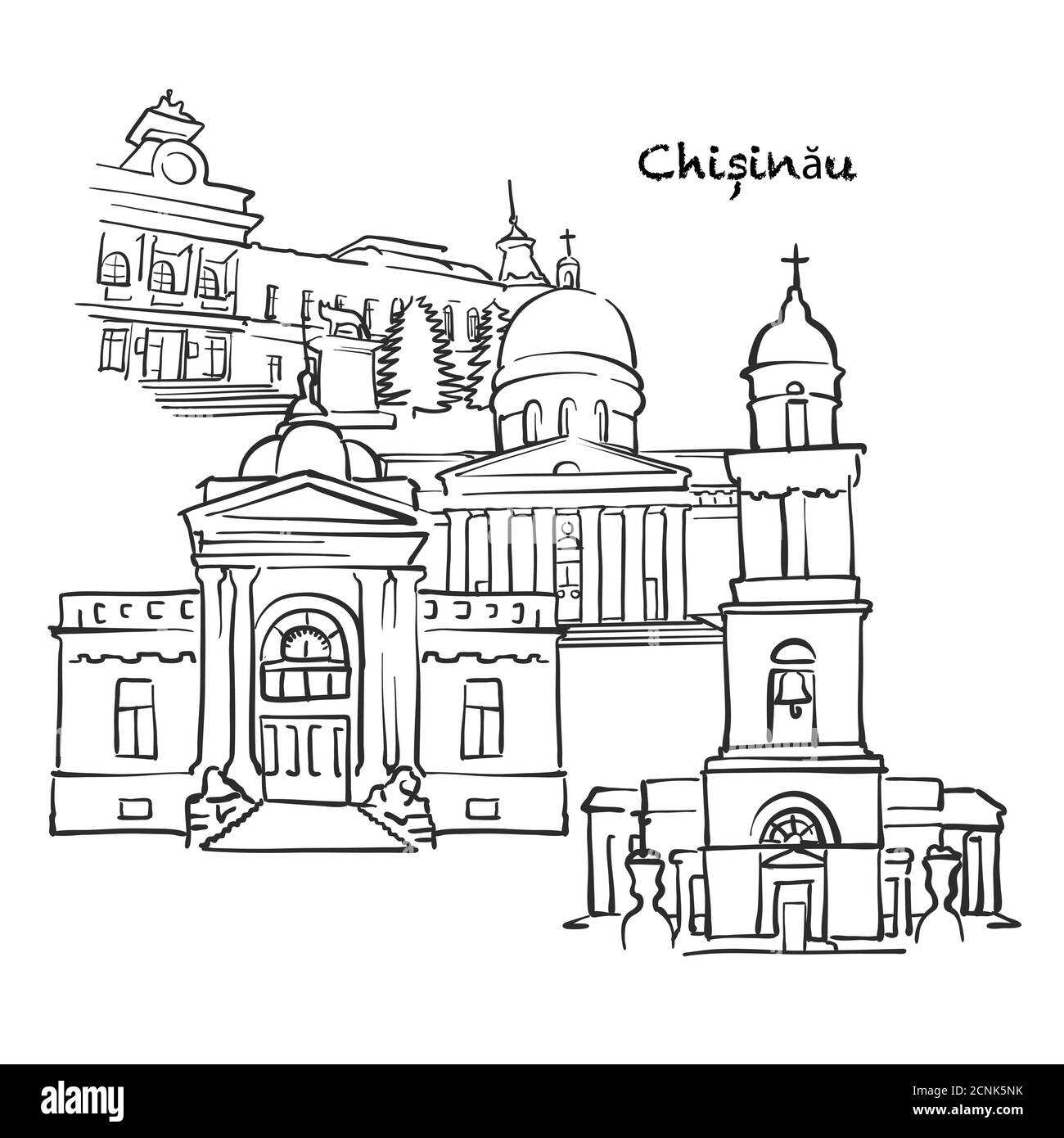 Bâtiments célèbres de Chisinau, Moldova composition. Illustration vectorielle noire et blanche dessinée à la main. Objets groupés et mobiles. Illustration de Vecteur