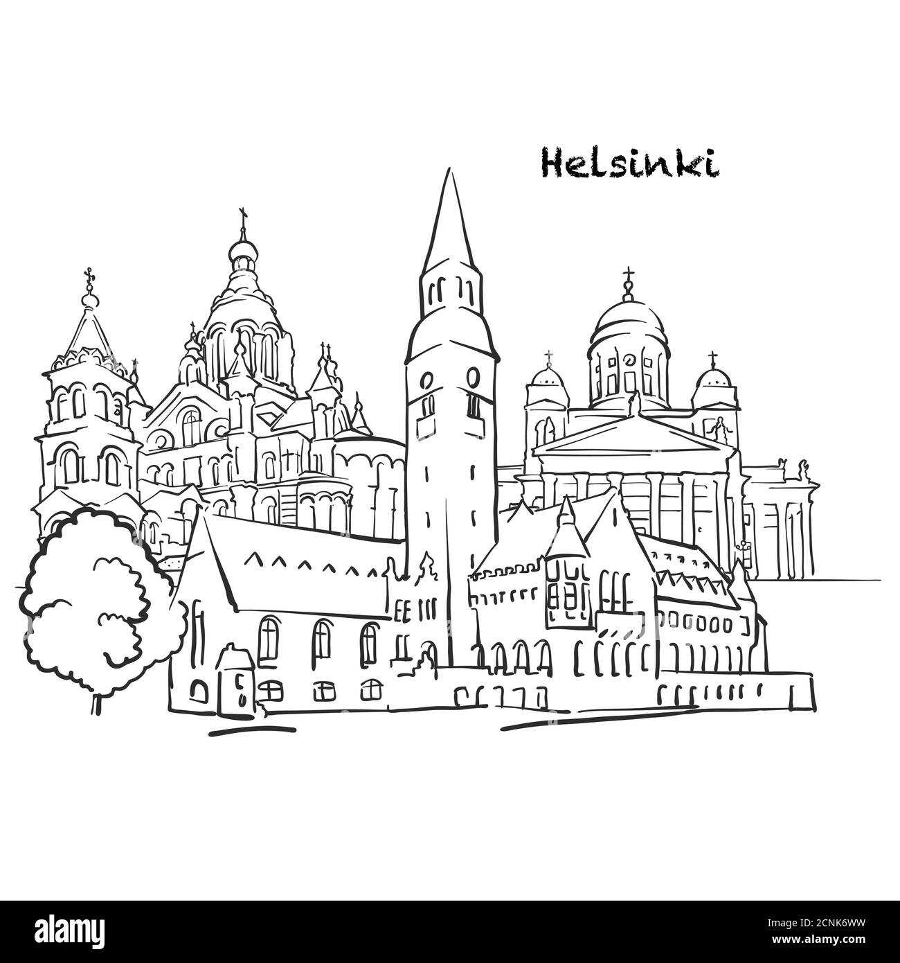 Célèbres bâtiments d'Helsinki, Finlande composition. Illustration vectorielle noire et blanche dessinée à la main. Objets groupés et mobiles. Illustration de Vecteur