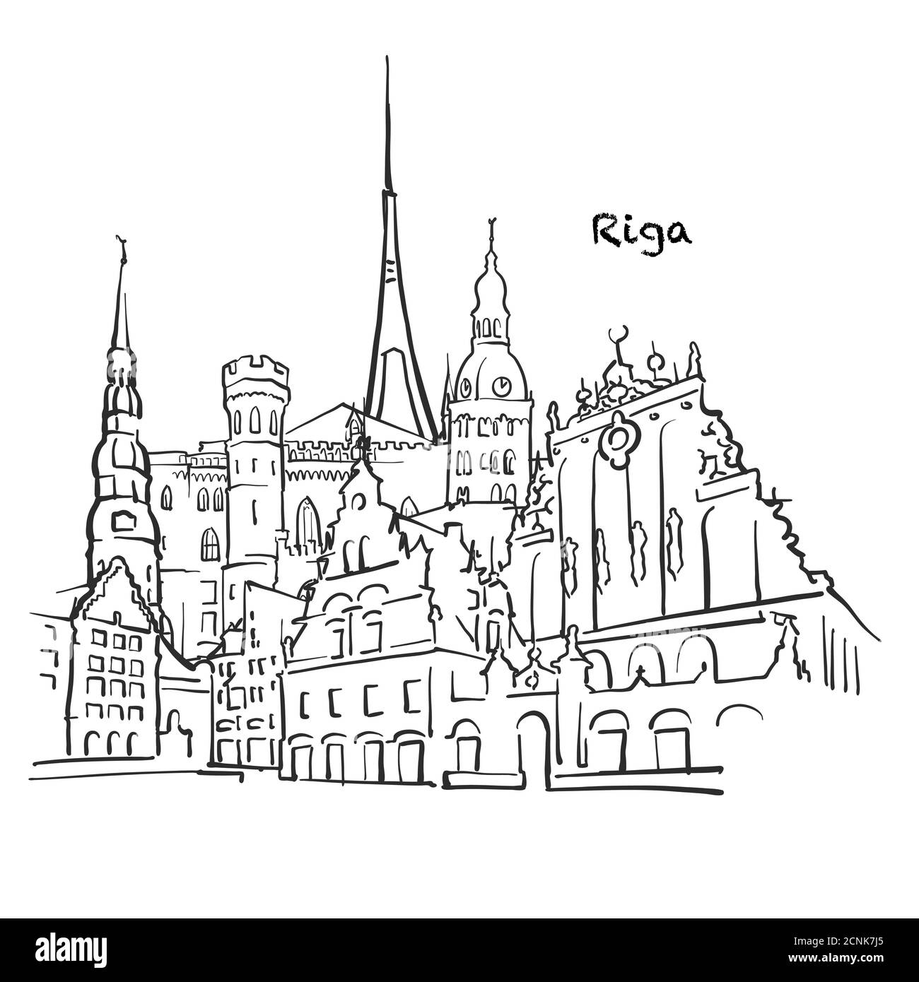 Célèbres bâtiments de Riga, Lettonie composition. Illustration vectorielle noire et blanche dessinée à la main. Objets groupés et mobiles. Illustration de Vecteur