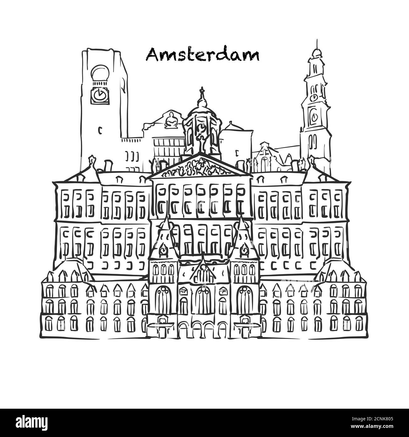 Bâtiments célèbres d'Amsterdam, pays-Bas composition. Illustration vectorielle noire et blanche dessinée à la main. Objets groupés et mobiles. Illustration de Vecteur