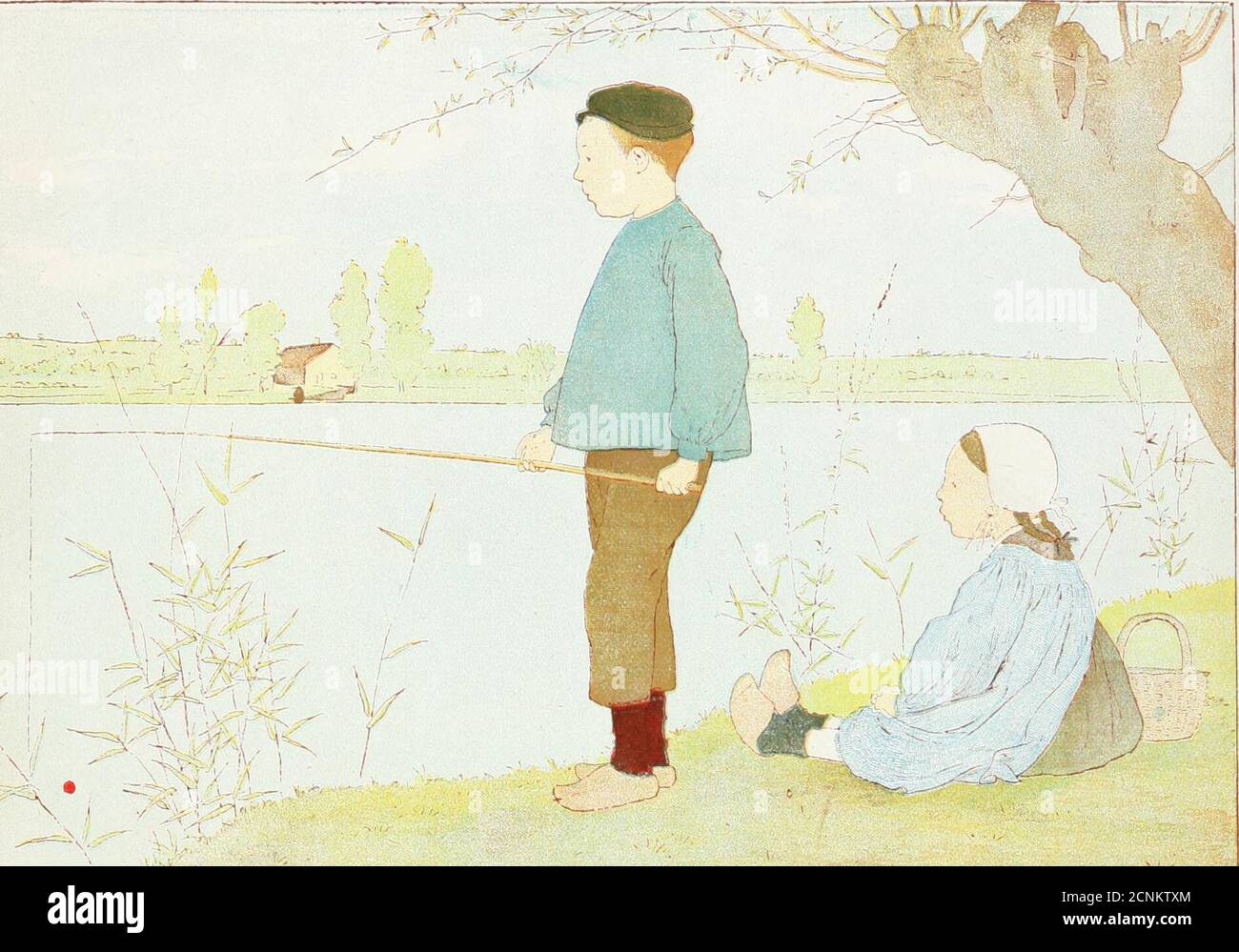 . Filles et ga . et doux la rep;arde couler. Le matin et le soir, de blanches vagueurs se traÃ®nent sur lherbe de ses berges. Mais Jean et Jeanne Naiment la rivià¨re ni pour les vertsfeuils de ses bords, ni pour ses eaux pures oÃ¹ le ciel se mire. Ils louent le poisson qui est dans. Ils sarrÃªtent©lendroit le plus poissonneux, Jeannesassied sous un saule Ã tÃªtÃ©. Ayant eu é ses paniers à terre, Jean dé roule sa ligne.Mie est simple : une gaule, avec un fil et une©pingle recourbée au bout du fil./ean a fourni la gaule, Jeanne a fait le fil et la leppingle; si la ligne est la ligne Banque D'Images