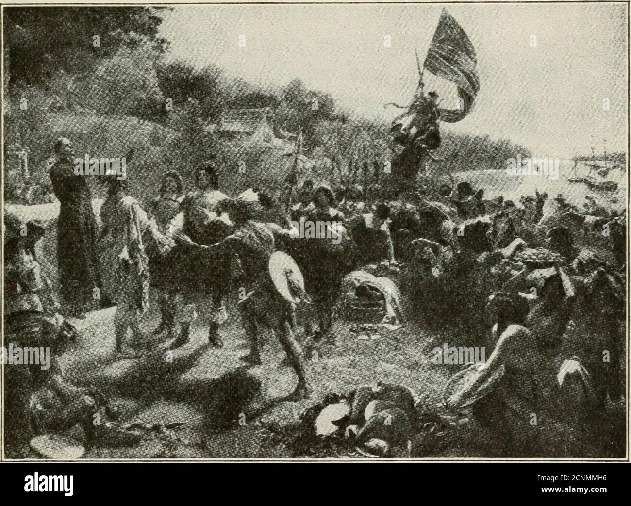 . Notre pays dans l'histoire . curethe succès de sa colonie en restant à la maison et en défendant et en soutenant sa cause, a nommé son petit frère, Leonard, pour gouverner le Maryland à sa place. Deux navires, l'Arche et le Dove, se sont bientôt mis en place pour le monde de la couture. Ils ont porté vingt hommes de rang et d'apprentissage avec leurs familles, et aussi deux cents ouvriers et hommes de métier. Cette société était composée de bothcatholiques et de protestants. Il n'y avait pas encore de mission parmi eux. L'Angleterre, ayant banni tout prêtre catholique de ses domaines, n'avait aucun à donner. Butby un arrangement de Seigneur Baltimo Banque D'Images