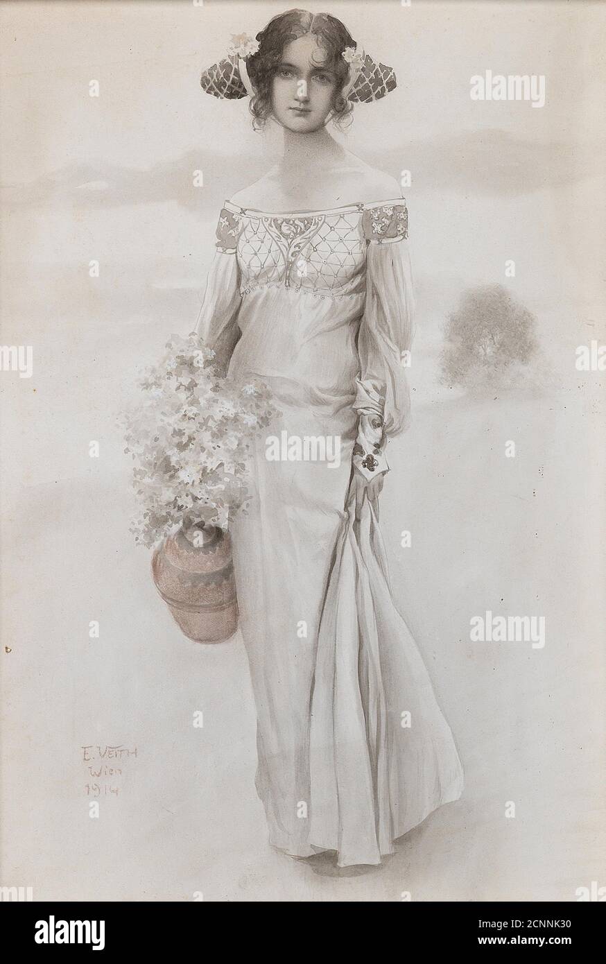 Une fille avec une carafe et un bouquet de fleurs, 1914. Collection privée. Banque D'Images