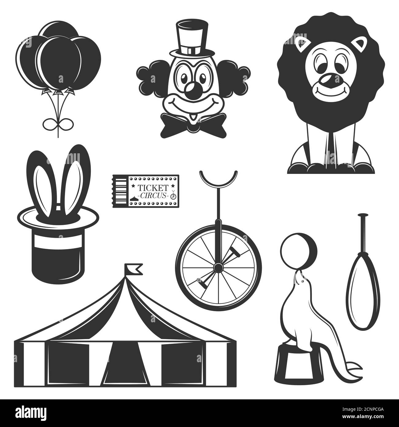 Ensemble vectoriel d'icônes isolées de cirque. Symboles de cirque noir et blanc et éléments de design. Illustration de Vecteur