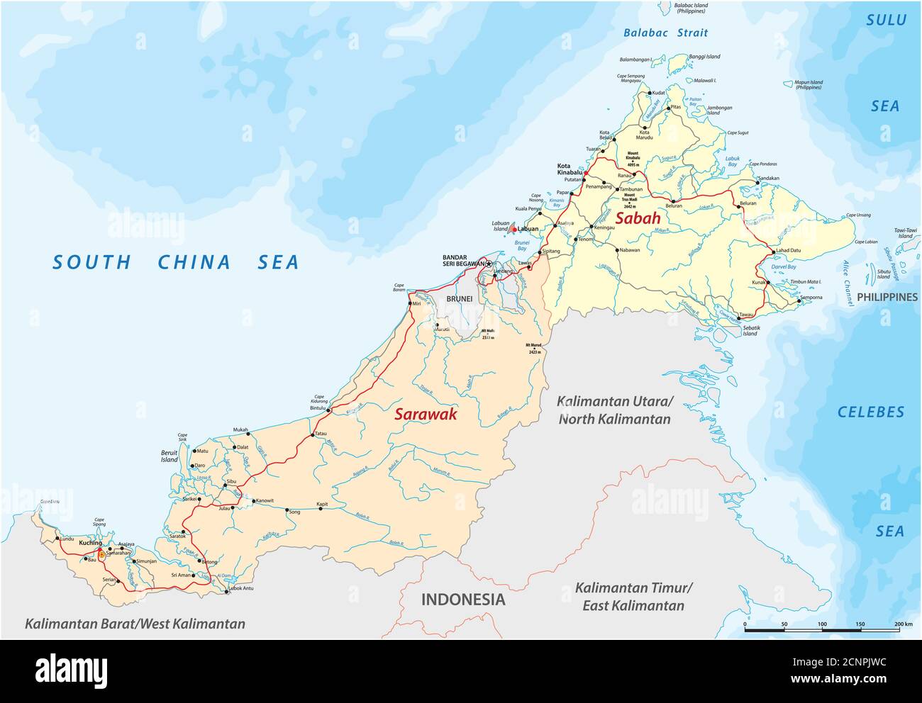 Carte routière vectorielle des États malaisiens de Sarawak et Sabah sur l'île de Bornéo, Malaisie Illustration de Vecteur