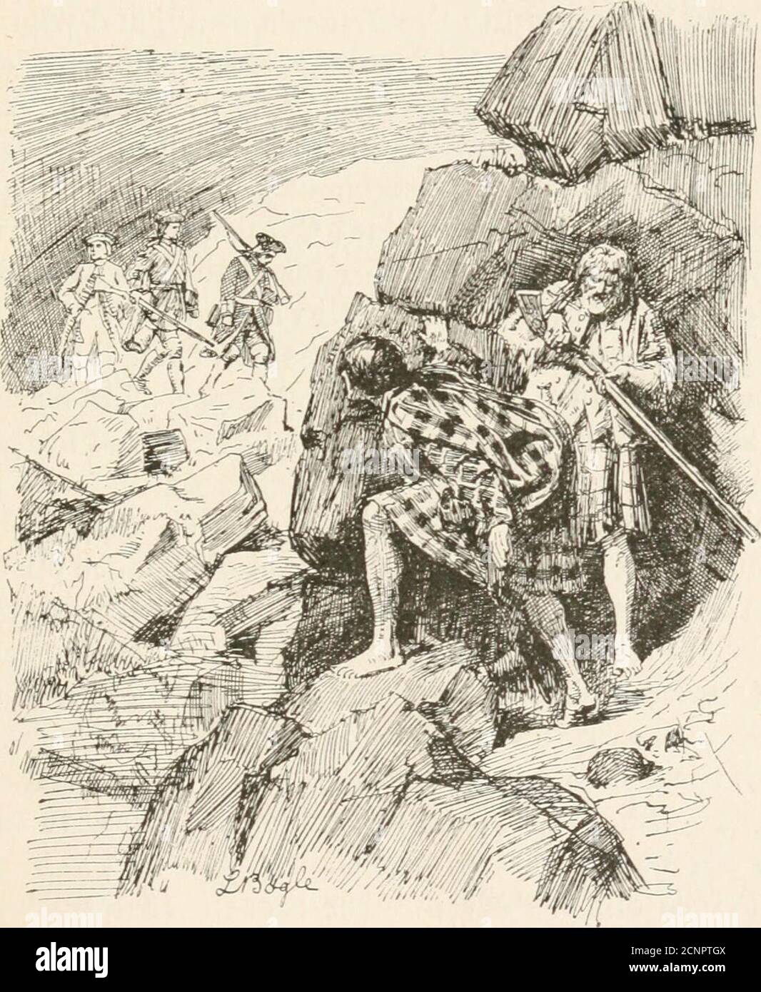 . Le vrai livre d'histoire . il était le theson d'un certain MacRAW, un ami fidèle mais secret dans theneyighthalsecter. Gleiialadale à cette époque portait la fortune de la petite partie—une quarantaine d'or louis et quelques shillings—dans hissporran. Il a payé le lad pour le lait, et dans sa hâte n'a pas remarqué qu'il avait laissé tomber son sac à main. Ils avaient à peine parcouru un mile anglais avant que la perte ne soit découverte, et Gleiialadale insistedat tous les risques de revenir à la recherche de la bourse. Lui et son cousin PEINCE CHARLIES ERRANCES 97 l'ont effectivement trouvé à l'endroit prévu, mais bien que des someshillings soient restés t Banque D'Images