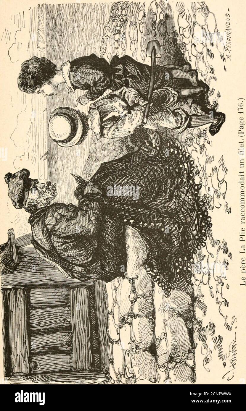 . Un enfant porte . e son air le plus aimable, souhailait le bonjourau père la plie qui, assis par terre, raccommo-dait un filet. Le bonhomme repondit par un sourir au bon-jour de lenfant et dit: « ces mesessiers ont sans doute envie de faire une promenade en mer? — Mes cousins se promènent en votion au-jourdhui. — Ah bon ! vous ne pouvez pas vous en débarrasser, car pour vous, mon petit moniteur, vous n'avez pas à vous faire passer. — vous navez jamais peul, en mer, vous, père la plie? — Jamais, par la grâce de Dieu. — est-ce que ce sont les poissons qui font desi grands trous dans votre congé? — EUX-même Banque D'Images