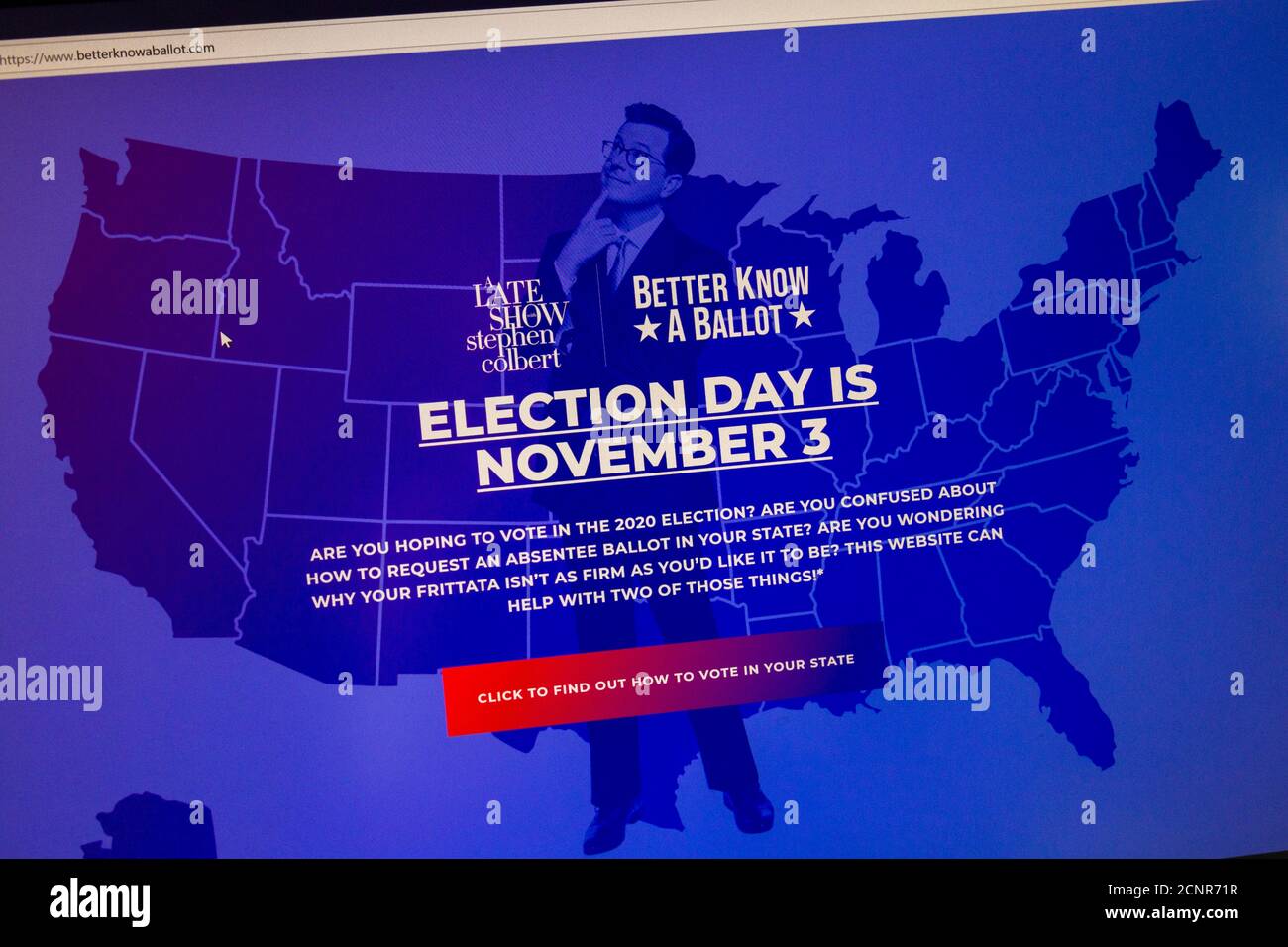 Capture d'écran du site Web « A late Show with Stephen Colbert » www. betterknowaballot.com avec comment voter des informations pour l'élection américaine 2020. Banque D'Images
