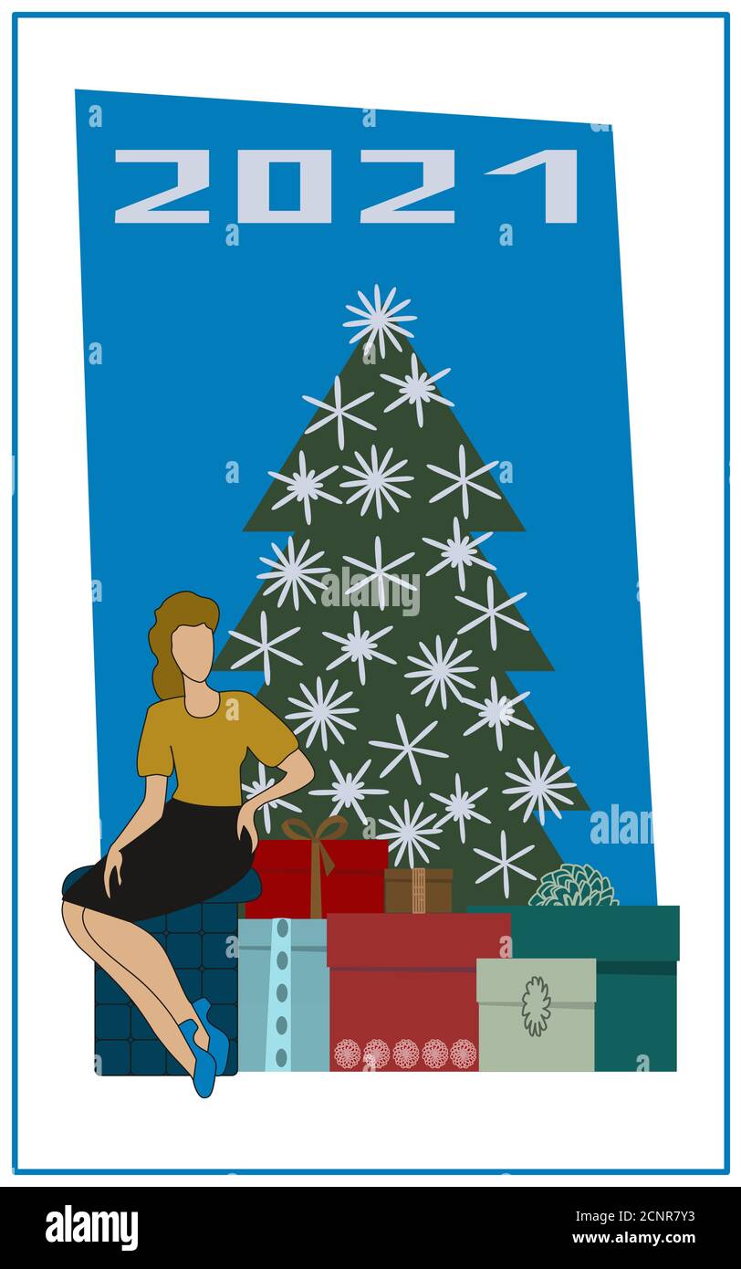 Bannière verticale de Noël et du nouvel an. La femme est assise près de l'arbre de Noël et des boîtes-cadeaux. Illustration vectorielle. Carte cadeau de Noël, affiche de fête, S Illustration de Vecteur