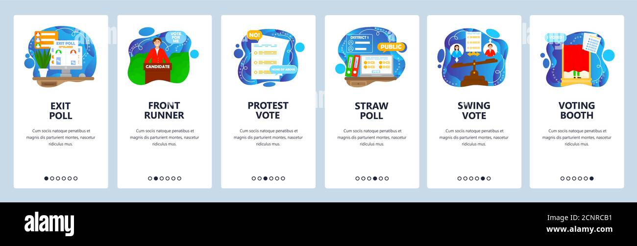 Élections et processus de vote. Sondage de sortie, sondage de paille, kiosque de vote. Écrans d'applications mobiles, modèle de bannière de site Web vectoriel. Illustration de Vecteur
