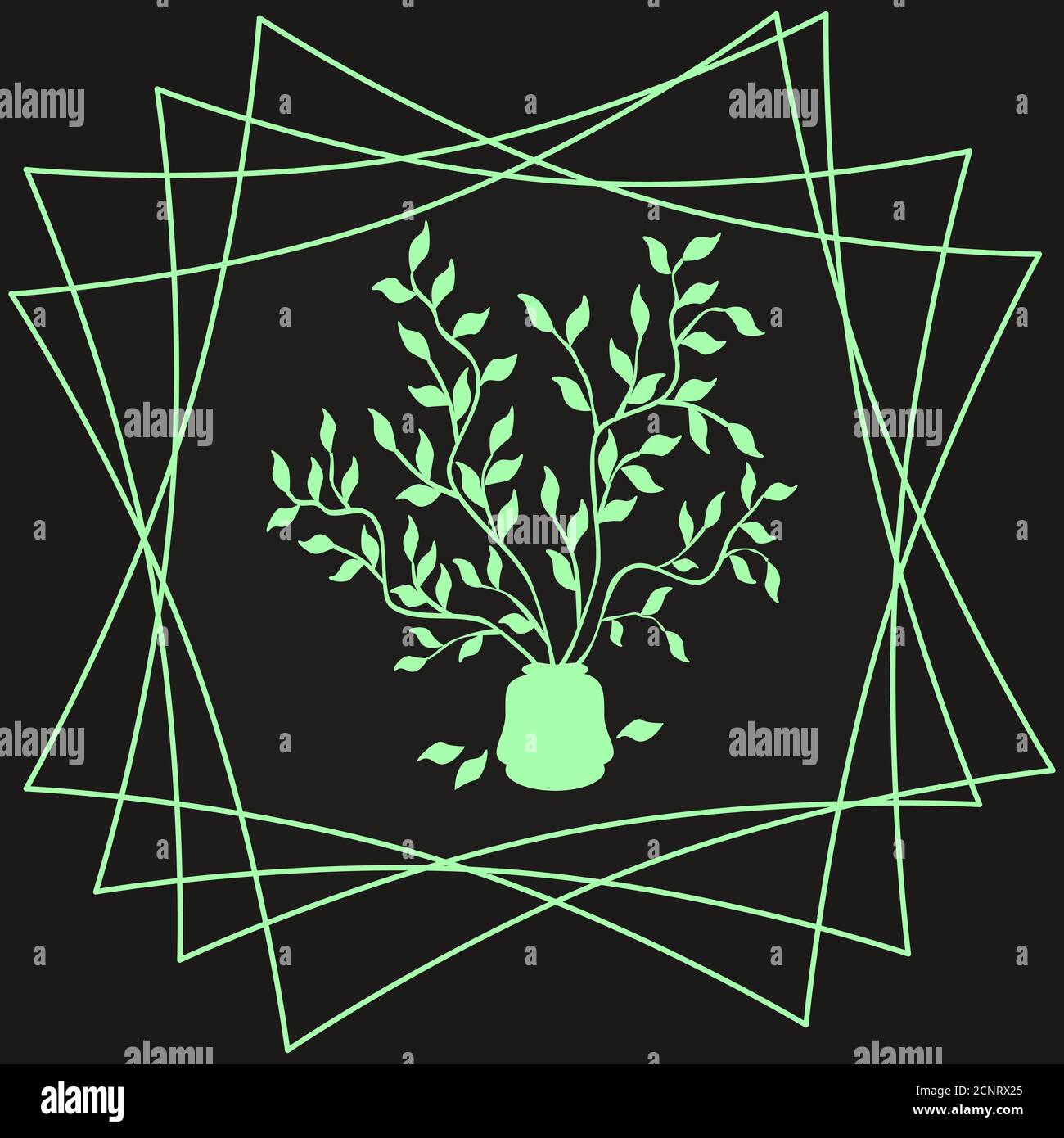 Branches d'arbre vectorisées en vert dans un vase et cadre sur fond noir. Imprimer sur papier, tissu, céramique. Motif intérieur, design tendance, oreiller Illustration de Vecteur