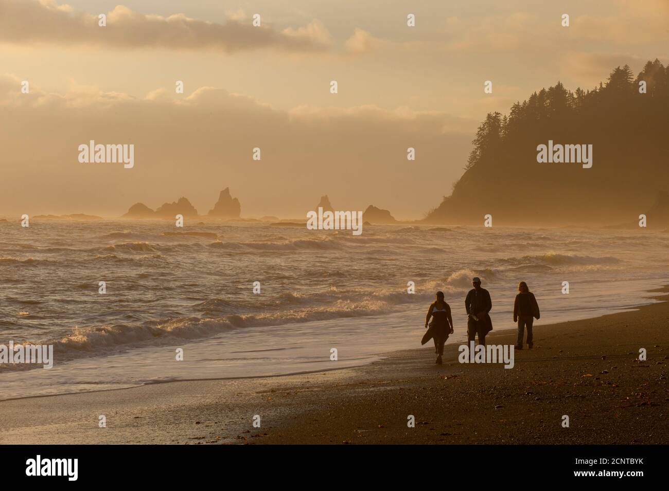 Les personnes marchant le soir sur la plage du Rialto près de la Push sur la côte de la péninsule olympique dans le parc national olympique de l'État de Washington, États-Unis Banque D'Images