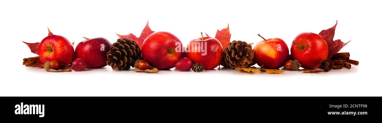Bordure d'automne des pommes, des feuilles et décor d'automne. Vue latérale isolée sur un arrière-plan blanc. Banque D'Images