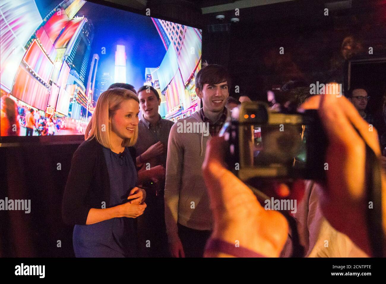 Yahoo Chief Executive Marissa Mayer and Tumblr founder and CEO David Karp  are seen being photographed after a news conference in New York May 20,  2013. Yahoo Inc will buy blogging service