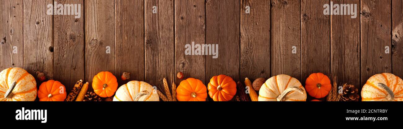 Bordure inférieure de l'automne bannière de citrouilles et décor d'automne un arrière-plan rustique en bois avec espace de copie Banque D'Images