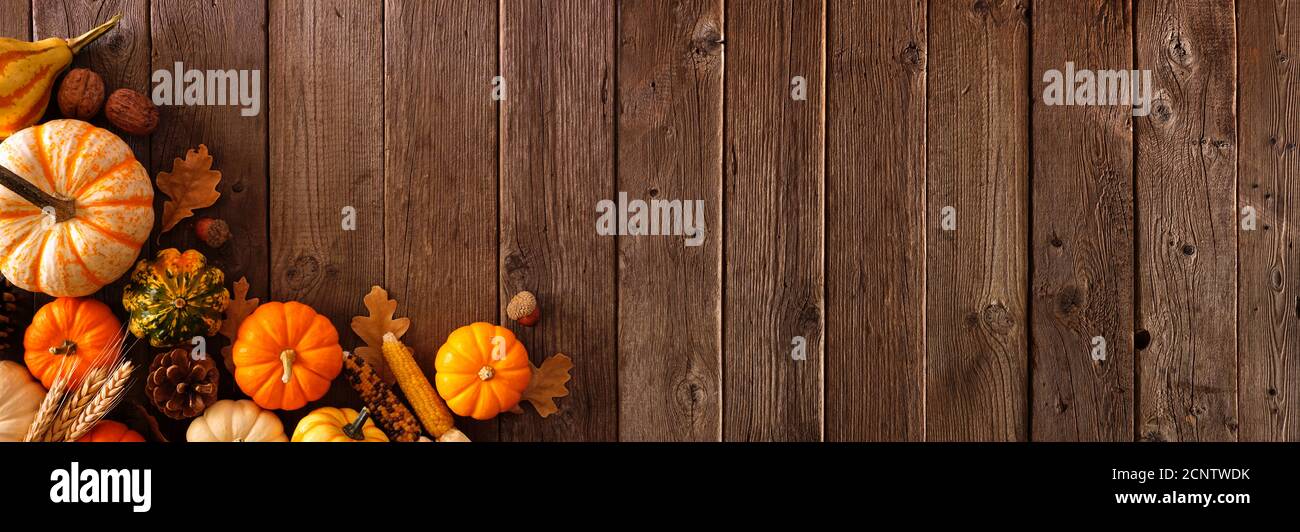 Bannière de coin d'automne avec citrouilles, gourdes et décor d'automne sur un fond de bois rustique avec espace pour les copies Banque D'Images