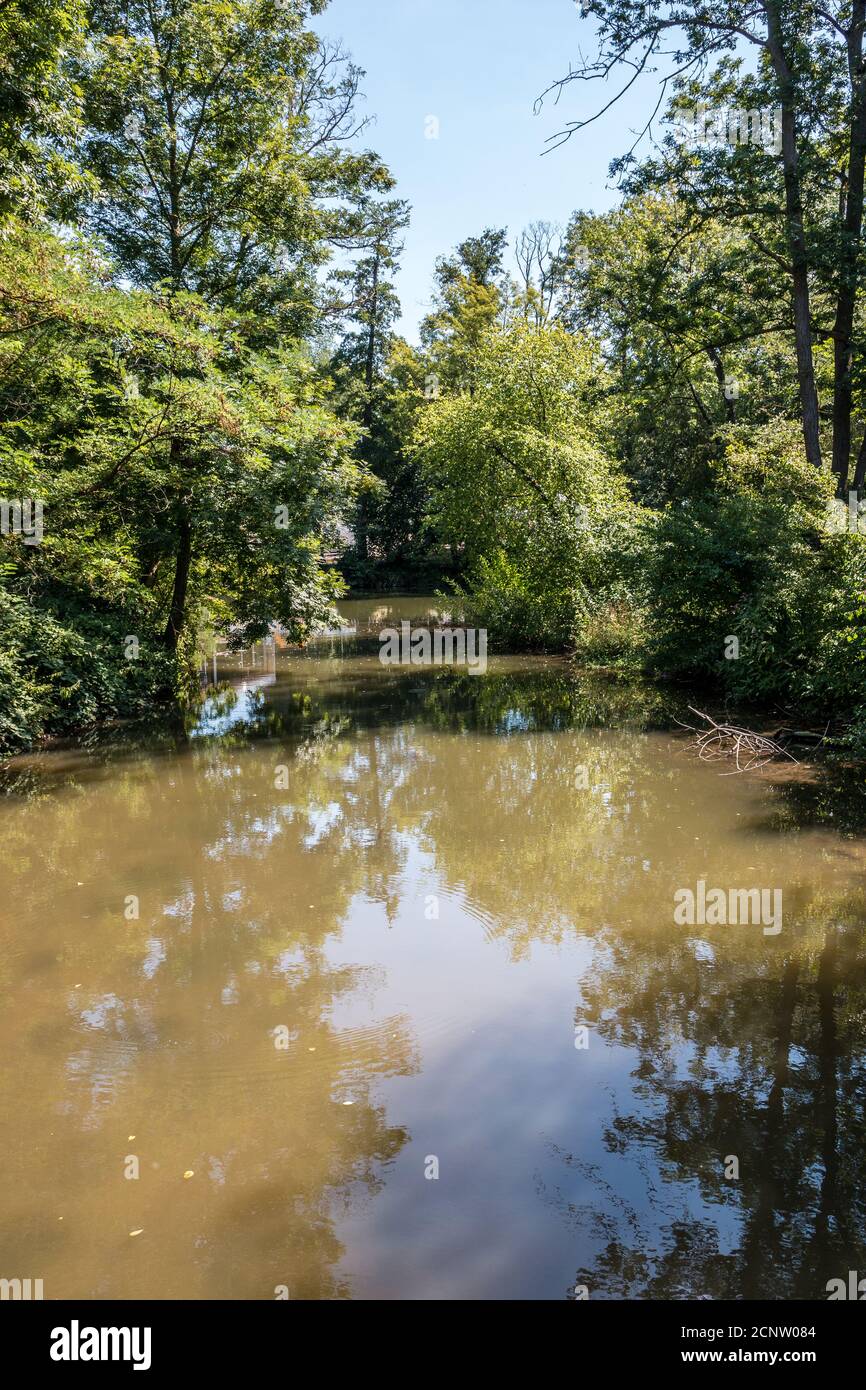 Rivière avec eau brune le long de la campagne Banque D'Images