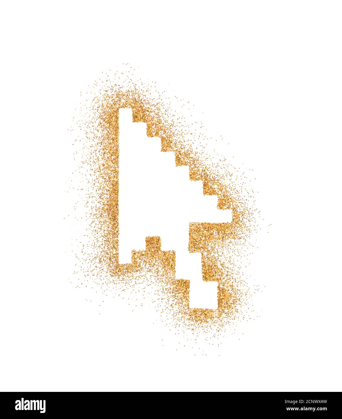 Symbole de flèche d'ordinateur sur paillettes dorées isolées sur fond blanc Banque D'Images