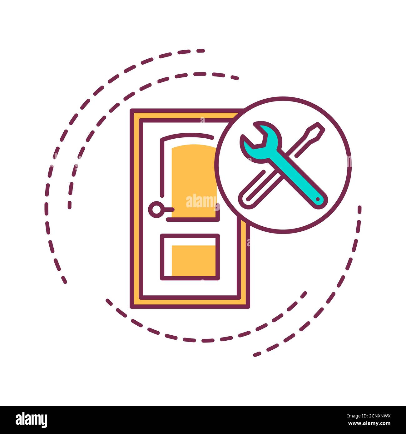 Icône de couleur d'installation de porte. Installation des portes dans les ouvertures. Processus de réparation. Services de handyman. Pictogramme pour page Web, application mobile, Promo Banque D'Images