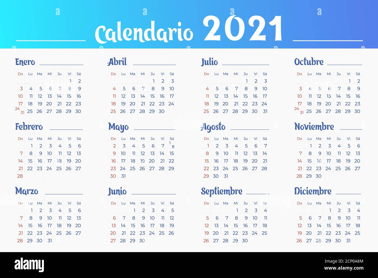 Calendrier 2021 modèle en espagnol. 12 mois. Les dimanches sont surlignés en rouge. Modèle vectoriel modifiable. Affiche horizontale, bannière, Web. Illustration de Vecteur