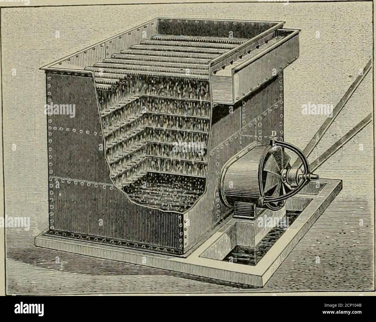 . La revue de chemin de fer de rue. Eau de condensation de refroidissement. L'illustration de la nature montre très clairement l'appareil de refroidissement de l'eau de condensation pour la réutilisation, designedby Chalsgny & Co., qui a rencontré beaucoup de faveur en France et est installé dans un certain nombre de stations d'éclairage et plusieurs des arsenaux gouvernementaux. L'appareil est équipé d'une grande boîte en acier remplie de plateaux perforés des gaz. REFROIDISSEUR POUR l'EAU de CUNIJliNSlNG ce deparmenentis a consacré à la construction et à l'exploitation de maisons électriques de chemin de fer. La correspondance des hommes pratiques est spécialement invitée. Les deux utilisateurs Banque D'Images